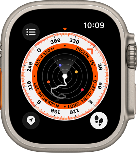 L’app Boussole affichant l’écran de point de repère avec l’option « Point de départ » active. Deux points de repère apparaissent à l’écran. Le parcours s’affiche sous la forme d’une ligne grise.
