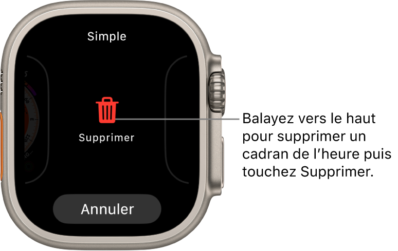 Écran de l’Apple Watch montrant les boutons Supprimer et Annuler, qui apparaissent lorsque vous atteignez un cadran puis le balayez vers le haut pour le supprimer.