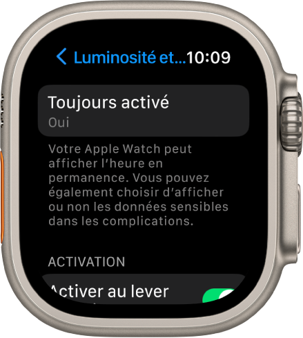 Écran « Luminosité et affichage » affichant le bouton « Toujours activé ».
