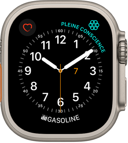 Cadran Utilitaire, sur lequel vous pouvez ajuster la couleur de la trotteuse, la numérotation et les détails du cadran. Trois complications apparaissent : « Fréquence cardiaque » en haut à gauche, « Pleine conscience » en haut à droite et Musique en bas.