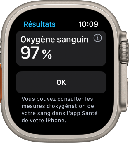 L’écran de résultats d’Oxygène sanguin affichant une saturation du sang en oxygène de 97 %. Un bouton OK se trouve en dessous.