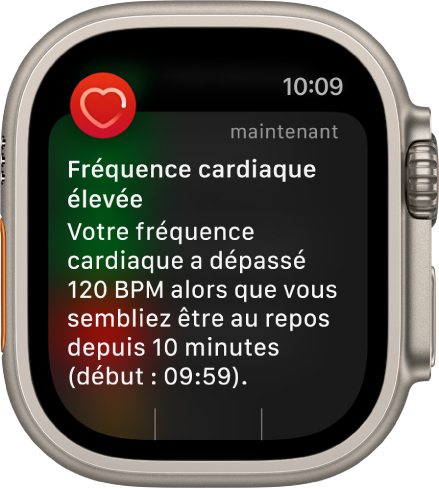 L’écran « Fréquence cardiaque élevée » affichant une notification mentionnant que votre fréquence cardiaque a dépassé 120 bpm pendant une période d’inactivité de 10 minutes.