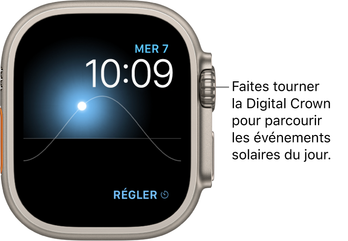 Le cadran Graphique solaire affichant le jour, la date et l’heure. Ces trois options ne peuvent pas être modifiées. Une complication Minuteurs apparaît en bas à droite. Faites tourner la Digital Crown pour voir le crépuscule, l’aube, le soleil à son zénith ou se coucher, puis la nuit.