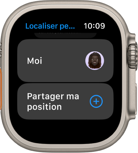 L’app Localiser personnes affichant des entrées pour vous-même ainsi qu’un bouton « Partager ma position ».