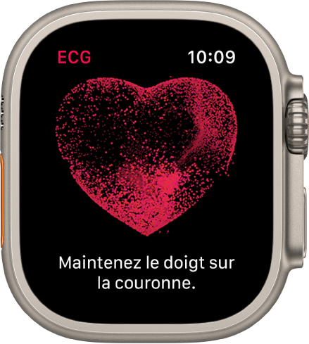 L’app ECG affichant une image d’un cœur avec les mots « Maintenez le doigt sur la couronne ».