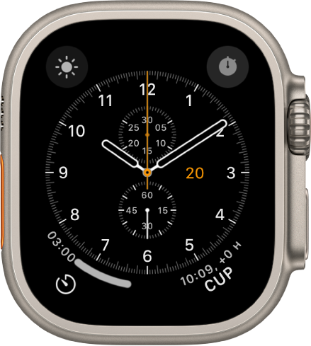 Cadran Chronographe, sur lequel vous pouvez ajuster la couleur et les détails du cadran. Il affiche quatre complications : « Conditions météo » en haut à gauche, Chronomètre en haut à droite, Minuteurs en bas à gauche et « Horloge mondiale » en bas à droite.