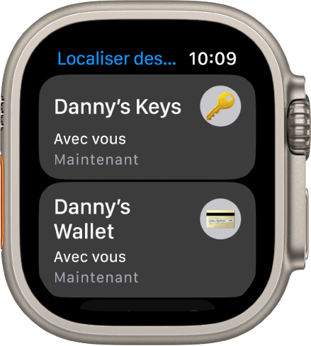 L’app Localiser des objets indiquant que les AirTags fixés à un jeu de clés et à un portefeuille se trouvent sur vous.