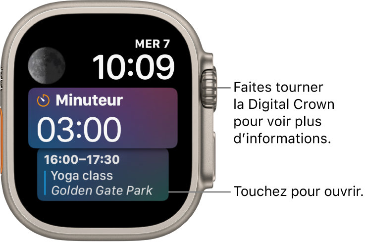 Cadran Siri avec l’heure et la date en haut à droite. Une complication « Phase de lune » se trouve en haut à gauche. En dessous se trouve une complication Minuteurs. En bas se trouve la complication « Programme de calendrier ».