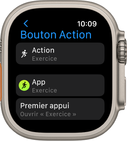 L’écran « Bouton Action » sur l’Apple Watch Ultra, avec comme action et app attribuées Exercice. Une pression du bouton Action permet d’ouvrir l’app Exercice.