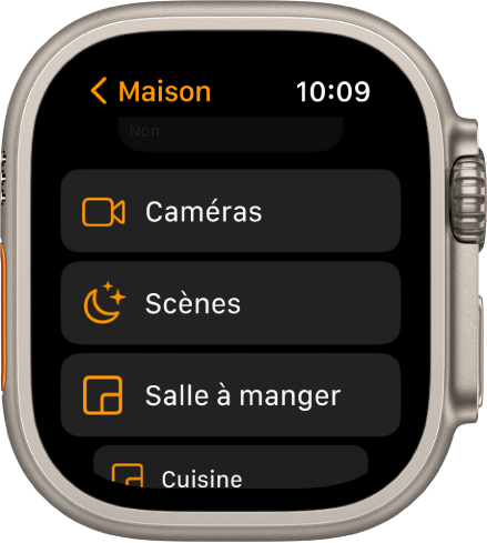 L’app Maison affichant une liste de pièces qui inclut des caméras, un bouton de scènes et deux pièces.