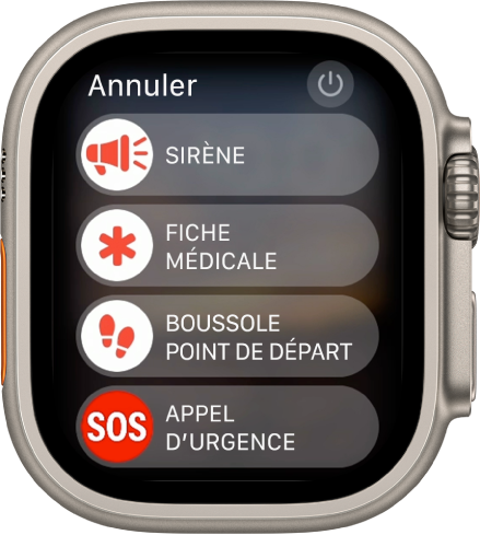 L’écran de l’Apple Watch affiche quatre curseurs : Sirène, « Fiche médicale », « Point de départ avec Boussole » et « Appel d’urgence ». Le bouton Alimentation se trouve en haut à droite.