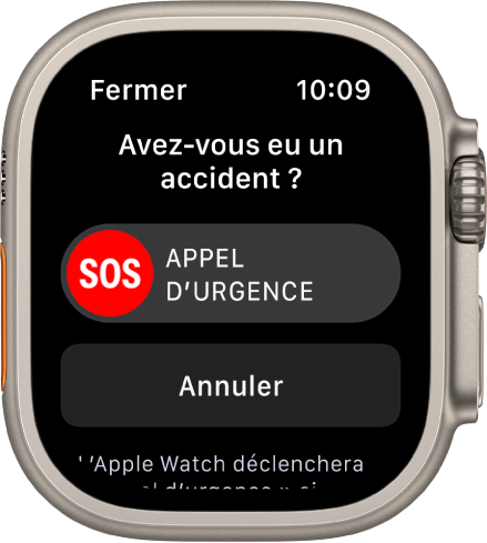 L’écran « Détection des accidents » affichant le curseur « Appel d’urgence » et le bouton « Annuler ».