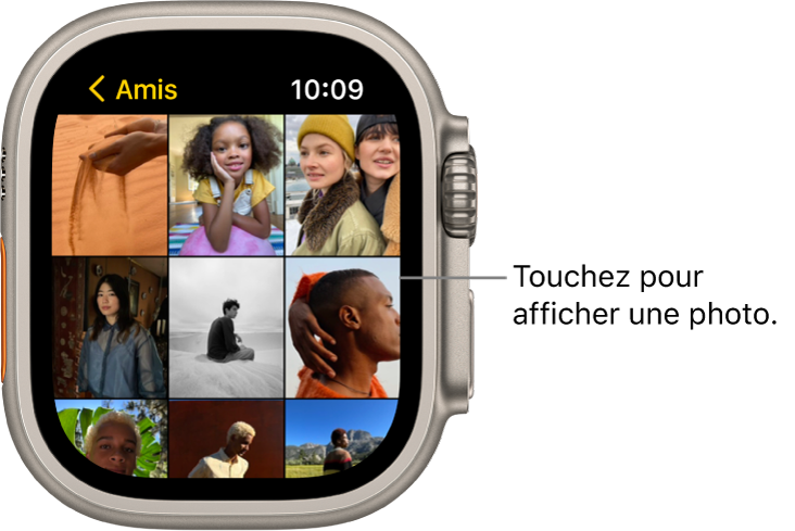 Écran principal de l’app Photos sur l’Apple Watch, avec plusieurs photos dans la grille.