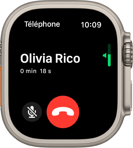Pendant un appel téléphonique entrant, l’écran affiche l’indicateur de volume vertical en haut à droite, le bouton « Couper le son » en bas à gauche et le bouton rouge Refuser. La durée de l’appel s’affiche sous le nom de l’appelant.