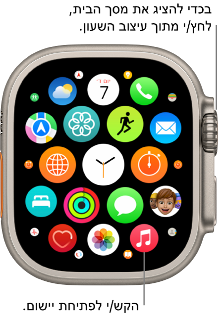 מסך הבית בתצוגת רשת ב-Apple Watch, עם יישומים מקובצים באשכול. הקש/י על יישום כדי לפתוח אותו. גרור/י להצגת יישומים נוספים.