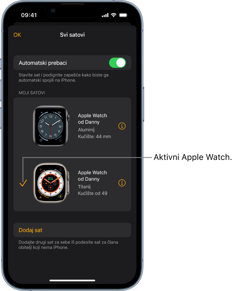 Na zaslonu Svi satovi u aplikaciji Apple Watch kvačica prikazuje aktivni Apple Watch.