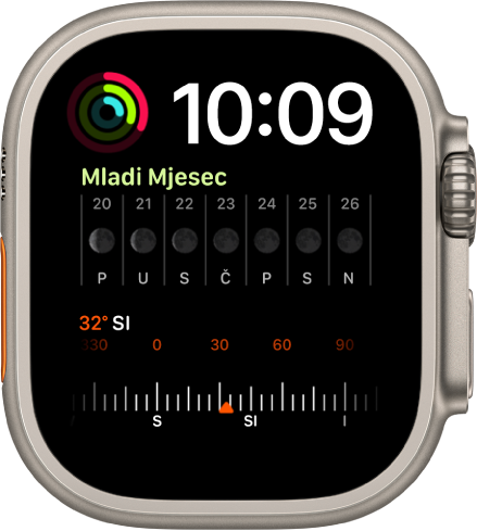 Brojčanik Modularni duo s digitalnim satom blizu vrha desno, dodatkom Aktivnost gore lijevo, dodatkom Mjesečeva mijena u sredini i dodatkom Kompas na dnu.