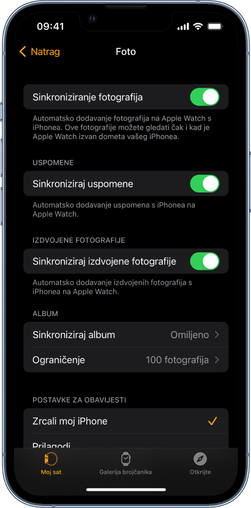 Postavke aplikacije Foto u aplikaciji Apple Watch na iPhoneu, s postavkom Sinkronizaija fotografija u sredini zaslona i postavkom Ograničenje fotografija dolje ispod.