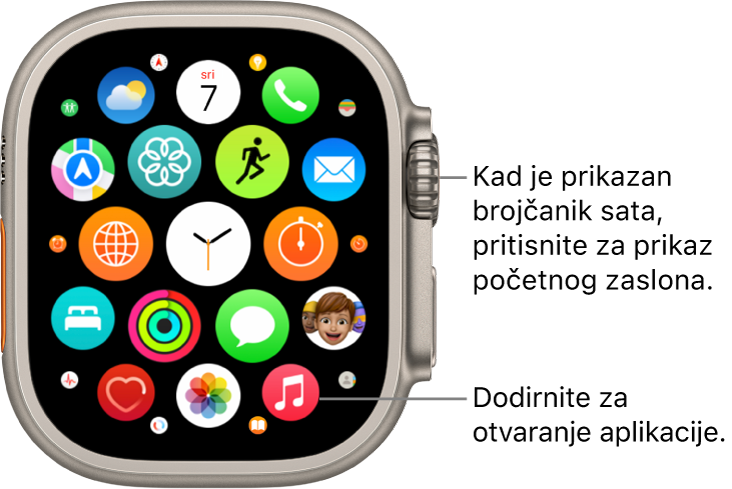 Početni zaslon u prikazu rešetke na Apple Watchu s aplikacijama u klasteru. Dodirnite aplikaciju kako biste je otvorili. Povucite za prikaz više aplikacija.