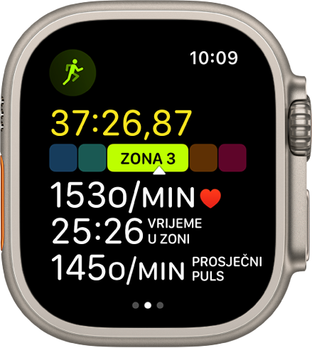 Prikazan je tijek treninga trčanja s proteklim vremenom treninga, zonom u kojoj se trenutačno nalazite, pulsom, vremenom u zoni i prosječnim pulsom.