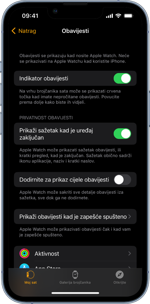 Zaslon Obavijesti u aplikaciji Apple Watch na iPhoneu, s prikazanim izvorima obavijesti.