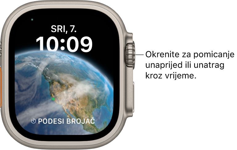 Astronomski brojčanik sata koji prikazuje dan, datum i trenutačno vrijeme. Dodatak brojača nalazi se na dnu. Okrenite Digital Crown za putovanje unaprijed ili unatrag kroz vrijeme.