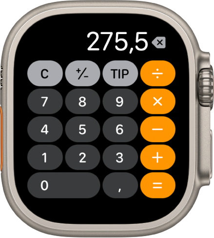 Apple Watch s prikazanom aplikacijom Kalkulator. Na zaslonu je prikazana uobičajena brojčana tipkovnica s matematičkim funkcijama na desnoj strani. Duž vrha nalaze se tipke C, plus ili minus i napojnica.