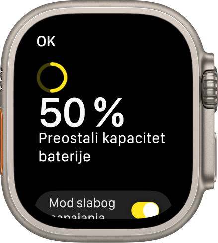 Zaslon Mod slabog napajanja prikazuje djelomično žuti krug koji ukazuje na preostalu napunjenost, riječi Preostalo je 50 posto baterije te tipka Moda slabog napajanja pri dnu.