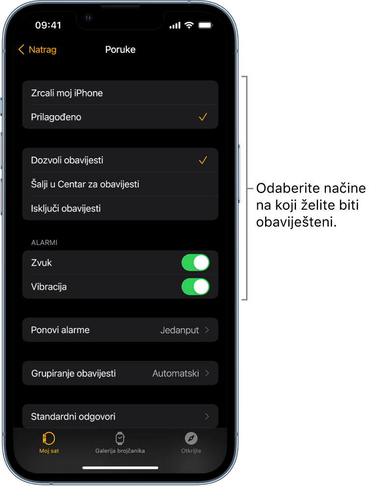 Zaslon Poruke u aplikaciji Apple Watch na iPhoneu. Možete odabrati da se prikažu upozorenja, uključiti zvuk, uključiti vibraciju i ponoviti alarme.