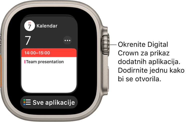 Dock s prikazom aplikacije Kalendar, a ispod nje se nalazi tipka Sve aplikacije. Okrenite Digital Crown za prikaz više aplikacija. Dodirnite jednu za otvaranje.