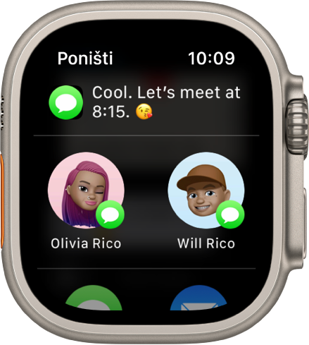 Dijeljeni zaslon u aplikaciji Poruke s prikazom poruke i dvaju kontakata.