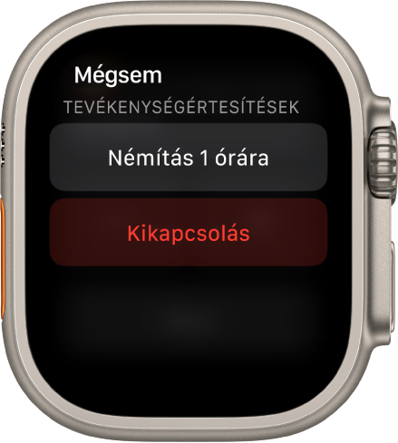 Értesítési beállítások az Apple Watchon. A felső gombon a „Némítás 1 órára” szöveg olvasható. Alul a Kikapcsolás gomb látható.