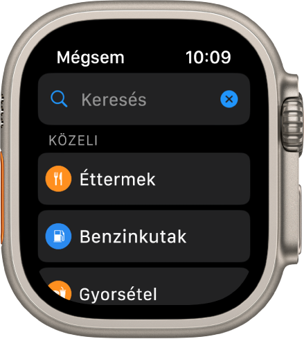 A Térképek app Keresés képernyőjén felül a Keresés mező látható. A Közeli elem alatt az éttermek, a benzinkutak és a gyorsételek gombjai láthatók.