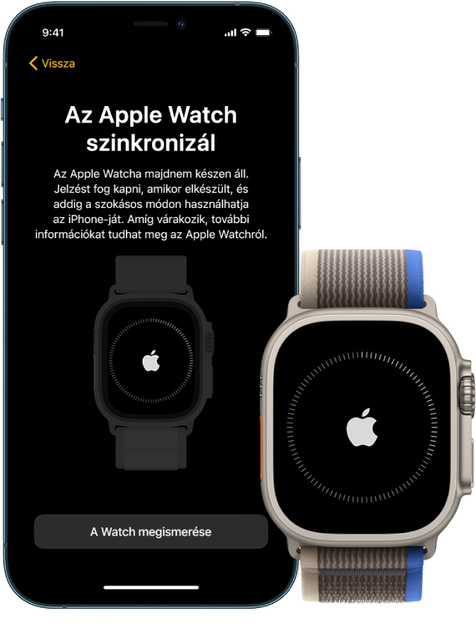 Egy iPhone és egy Apple Watch Ultra a szinkronizáló képernyővel.