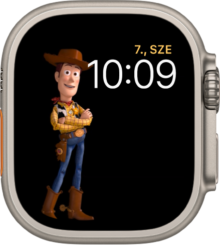 A Toy Story óraszámlap jobb felső részén a nap, a dátum és az idő látható, a képernyő bal oldalán pedig animált formában Jessie.