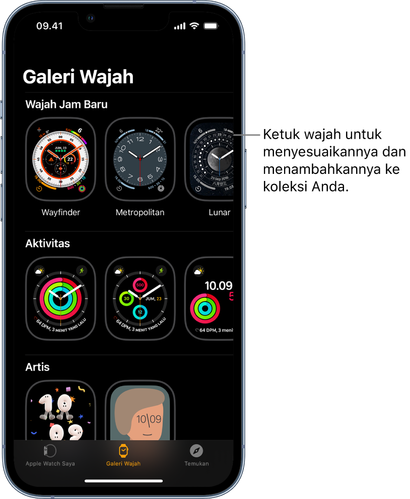 App Apple Watch dibuka ke Galeri Wajah. Baris atas menampilkan wajah yang baru, baris berikutnya menampilkan wajah jam yang dikelompokkan menurut jenis—Aktivitas dan Artis, misalnya. Anda dapat menggulir untuk melihat wajah lainnya yang dikelompokkan menurut jenis.