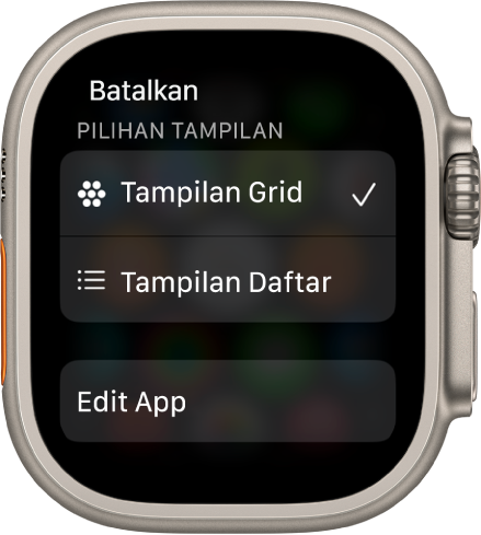 Layar pilihan Tampilan menampilkan tombol Tampilan Grid dan Tampilan Daftar. Tombol Edit App terdapat di bagian bawah layar.