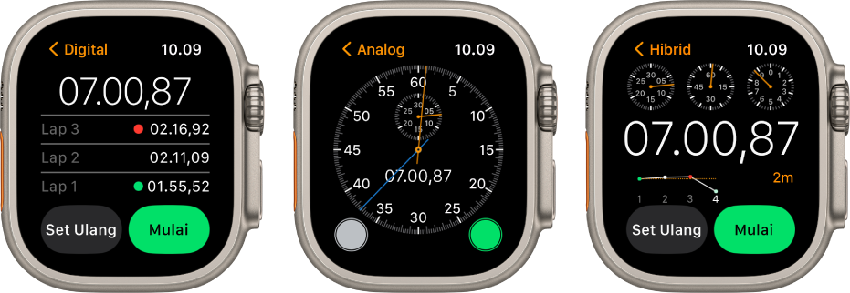 Tiga jenis stopwatch di app Stopwatch: Stopwatch digital dengan penghitung lap, stopwatch analog, dan stopwatch hibrida yang menampilkan waktu dalam format analog serta digital. Setiap jam memilki tombol mulai dan atur ulang.