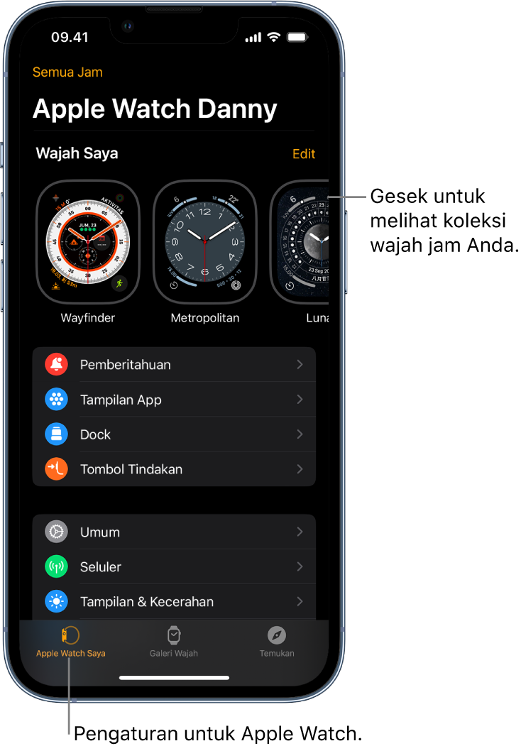 App Apple Watch di iPhone dibuka pada layar Apple Watch Saya, yang menampilkan wajah jam Anda di dekat bagian atas, dan pengaturan di bawahnya. Terdapat tiga tab di bagian bawah layar app Apple Watch: tab kiri adalah Apple Watch Saya di mana Anda membuka pengaturan Apple Watch; berikutnya adalah Galeri Wajah di mana Anda dapat menjelajahi wajah dan komplikasi jam yang tersedia; lalu Temukan, tempat Anda dapat mempelajari Apple Watch lebih lanjut.