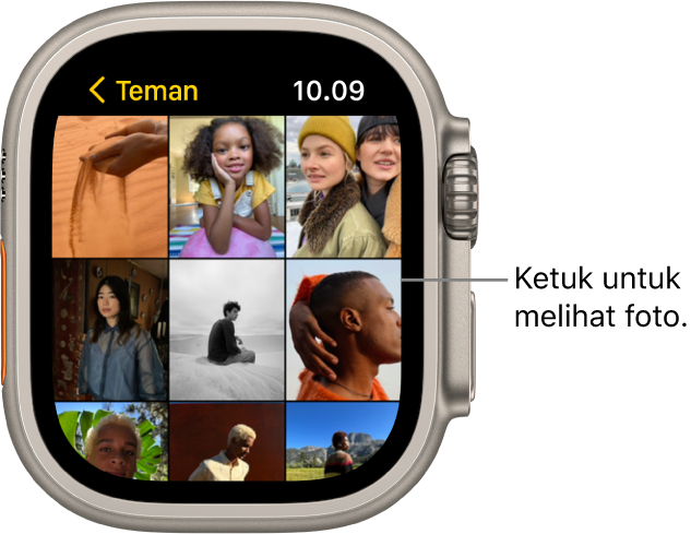 Layar utama app Foto di Apple Watch, dengan beberapa foto yang ditampilkan dalam grid.