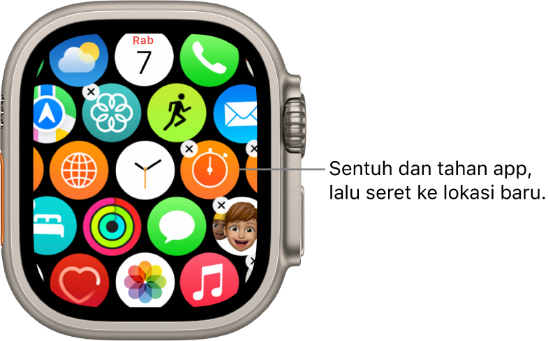 Layar Utama Apple Watch dalam tampilan grid.