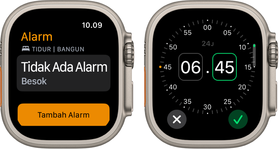 Dua layar jam menampilkan proses untuk menambahkan alarm: Ketuk Tambah Alarm, ketuk AM atau PM, putar Digital Crown untuk menyesuaikan waktu, lalu ketuk tombol centang.