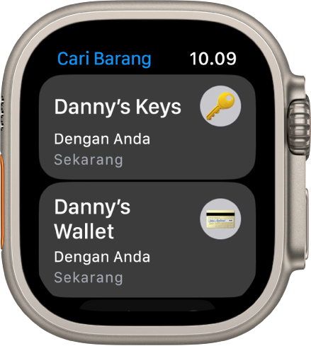 App Cari Barang menunjukkan bahwa AirTag yang terpasang ke kumpulan kunci dan dompet dengan Anda.
