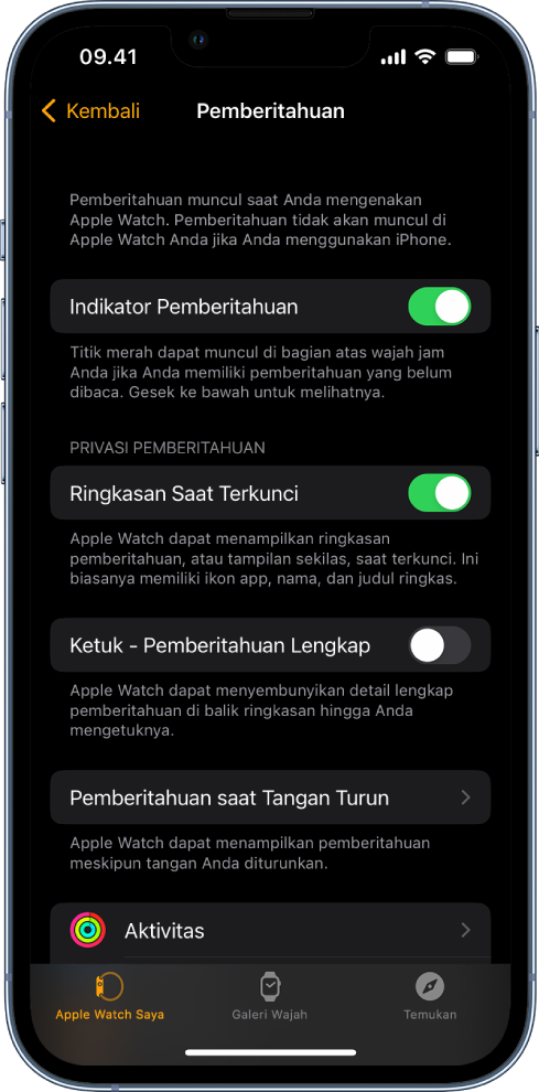 Layar Pemberitahuan di app Apple Watch pada iPhone, yang menampilkan sumber pemberitahuan.