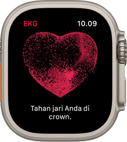 App EKG menampilkan gambar jantung dengan kata “Tahan jari Anda di crown”.