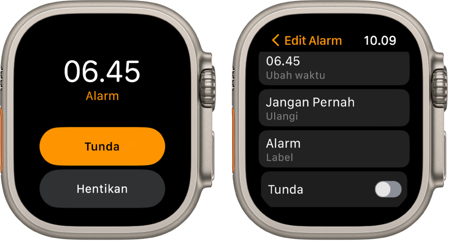 Dua layar jam: Satu layar menampilkan wajah jam dengan tombol Tunda dan Hentikan, dan layar lain menampilkan pengaturan Edit Alarm, dengan tombol Ubah Waktu, Ulangi, dan Label di bawah. Pengalih Tunda di bagian bawah. Pengalih Tunda dimatikan.