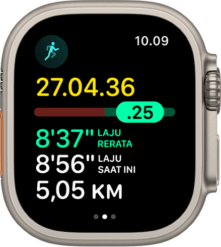 App Olahraga di Apple Watch menampilkan analisis kecepatan dalam olahraga Berlari di Luar. Di bagian atas adalah durasi lari. Di bagian bawah ini adalah penggeser yang menunjukkan seberapa unggul atau tertinggal Anda dari kecepatan Anda. Laju Rata-Rata, Laju Saat Ini, dan Jarak ada di bawah.