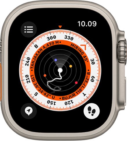 App Kompas menampilkan layar titik jalan dengan Susuri yang aktif. Dua titik jalan muncul di layar. Rute ditampilkan sebagai garis abu-abu.