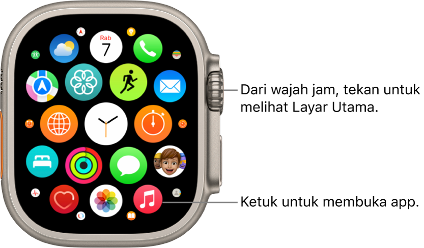 Layar Utama dalam tampilan grid di Apple Watch, dengan app dalam kumpulan. Ketuk app untuk membukanya. Gesek untuk melihat app lainnya.