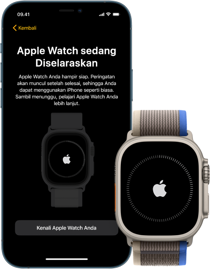 iPhone dan Apple Watch Ultra, berdampingan. Layar iPhone menampilkan “Apple Watch Diselaraskan”. Apple Watch Ultra menampilkan kemajuan penyelarasan.